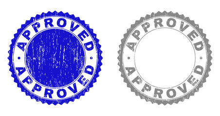 Grunge APPROVED stamp seals isolated on a white background. Rosette seals with grunge texture in blue and gray colors. Vector rubber overlay of APPROVED label inside round rosette.