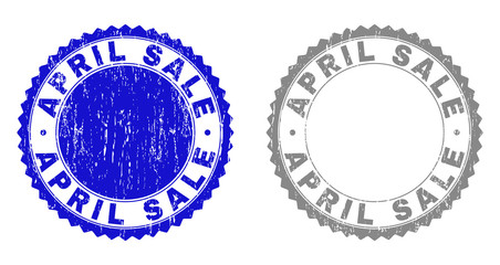 Grunge APRIL SALE stamp seals isolated on a white background. Rosette seals with distress texture in blue and grey colors. Vector rubber watermark of APRIL SALE title inside round rosette.