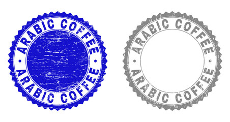 Grunge ARABIC COFFEE stamp seals isolated on a white background. Rosette seals with grunge texture in blue and grey colors. Vector rubber imprint of ARABIC COFFEE caption inside round rosette.