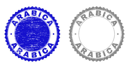 Grunge ARABICA stamp seals isolated on a white background. Rosette seals with grunge texture in blue and grey colors. Vector rubber watermark of ARABICA label inside round rosette.