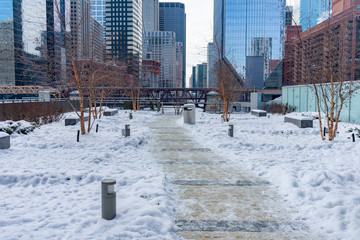 Snow Covered Park at Wolf Point in Chicago