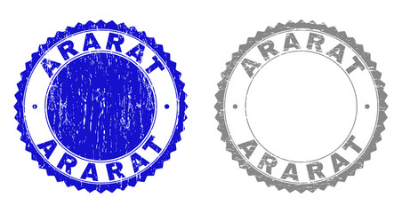 Grunge ARARAT stamp seals isolated on a white background. Rosette seals with grunge texture in blue and grey colors. Vector rubber imprint of ARARAT tag inside round rosette.