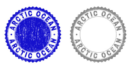Grunge ARCTIC OCEAN stamp seals isolated on a white background. Rosette seals with grunge texture in blue and gray colors. Vector rubber overlay of ARCTIC OCEAN caption inside round rosette.