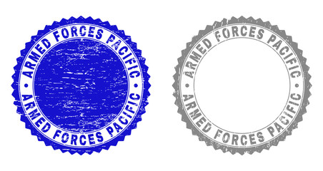 Grunge ARMED FORCES PACIFIC stamp seals isolated on a white background. Rosette seals with distress texture in blue and grey colors.