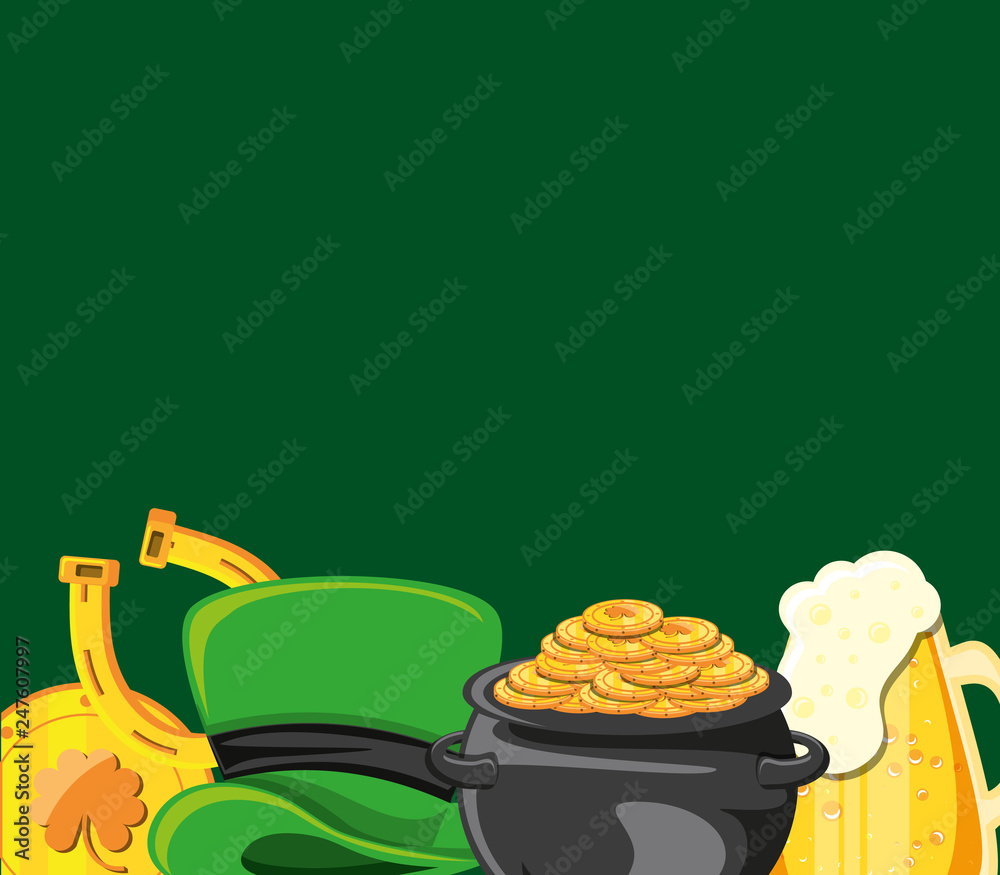 Wall mural leprechaun cauldron with coins and set icons