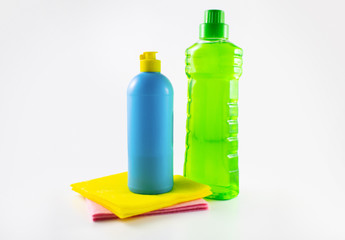 Image close-up detergent. The concept of Service for cleaning apartments and premises, cleanliness. Cleaning dust and dirt in the kitchen, on the floor, Various sanitation items, cleaning tools.