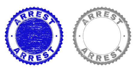 Grunge ARREST stamp seals isolated on a white background. Rosette seals with grunge texture in blue and gray colors. Vector rubber overlay of ARREST label inside round rosette.