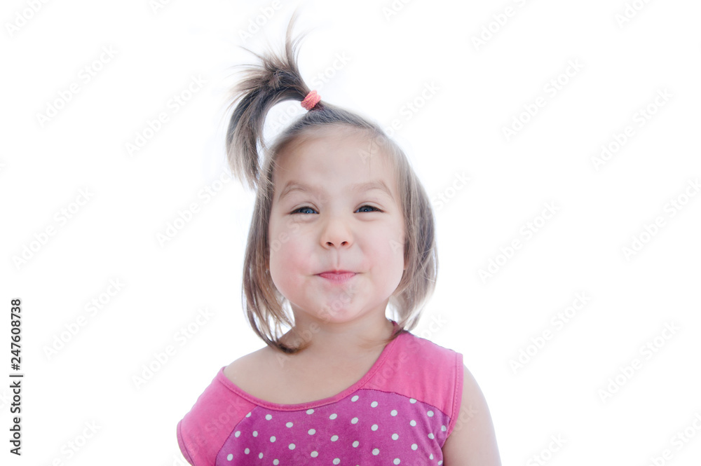 Poster Happy child isolated on white background, smiling funny little girl