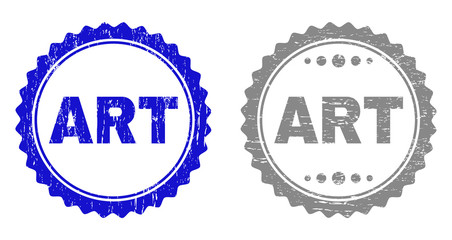 Grunge ART stamp seals isolated on a white background. Rosette seals with grunge texture in blue and gray colors. Vector rubber overlay of ART label inside round rosette.