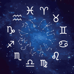 Fototapeta na wymiar Vector. Graphic astrology set on the starry sky cosmic background. A simple geometric representation of the zodiac sign for horoscope, line art isolated illustration