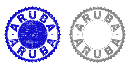 Grunge ARUBA stamp seals isolated on a white background. Rosette seals with grunge texture in blue and grey colors. Vector rubber imprint of ARUBA caption inside round rosette.