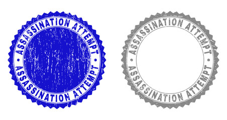 Obraz premium Grunge ASSASSINATION ATTEMPT stamp seals isolated on a white background. Rosette seals with grunge texture in blue and grey colors.