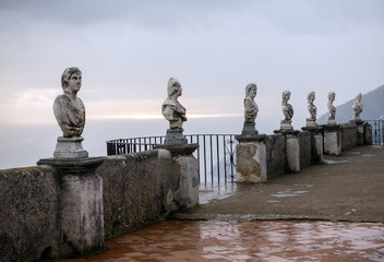 Daytime shot of the Roman-style statues on the Terrace of Infinity in Ravello Italy, on the Amalfi Coast
