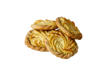 four cheesecakes with potatoes on a white background. Traditional russian baking