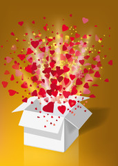 Open explosion white gift box fly hearts and confetti Happy Valentine s day. Vector illustration template bamer poster isolated. Gold background