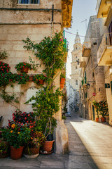 Scenic green flowers on the street corner and cathedral tower in Monopoli, Italy