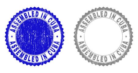Grunge ASSEMBLED IN CUBA stamp seals isolated on a white background. Rosette seals with grunge texture in blue and gray colors. Vector rubber imprint of ASSEMBLED IN CUBA title inside round rosette.