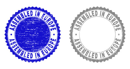 Grunge ASSEMBLED IN EUROPE stamp seals isolated on a white background. Rosette seals with grunge texture in blue and gray colors.