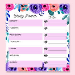 weekly planner with colorful watercolor floral