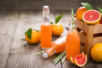 Fresh grapefruit juice in the bottle