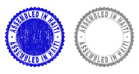 Grunge ASSEMBLED IN HAITI stamp seals isolated on a white background. Rosette seals with grunge texture in blue and gray colors.