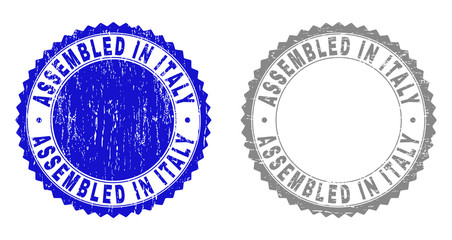 Grunge ASSEMBLED IN ITALY stamp seals isolated on a white background. Rosette seals with grunge texture in blue and gray colors.