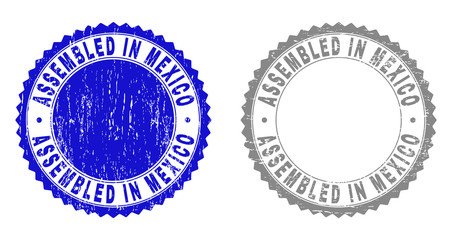 Grunge ASSEMBLED IN MEXICO stamp seals isolated on a white background. Rosette seals with grunge texture in blue and gray colors. Vector rubber overlay of ASSEMBLED IN MEXICO tag inside round rosette.