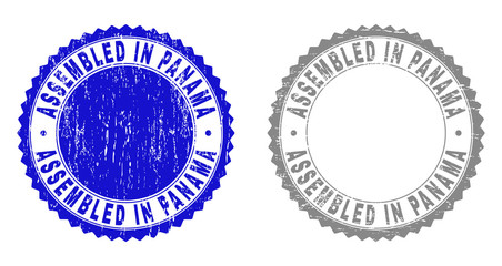 Grunge ASSEMBLED IN PANAMA stamp seals isolated on a white background. Rosette seals with grunge texture in blue and gray colors.