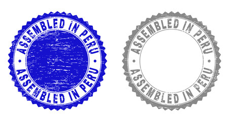 Grunge ASSEMBLED IN PERU stamp seals isolated on a white background. Rosette seals with grunge texture in blue and grey colors. Vector rubber watermark of ASSEMBLED IN PERU text inside round rosette.
