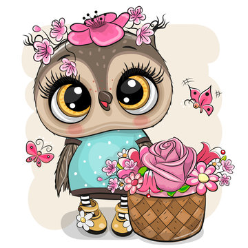 Cartoon Owl with flowers on a white background