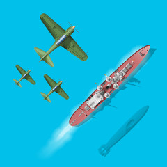  Retro military objects set with airplane, ship, submarine. Isolated vector illustration.