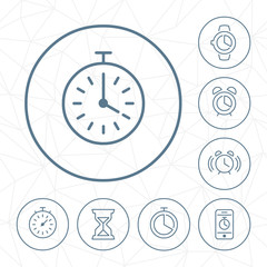 Vector clock outline icon set in circle button with geometric seamless background.