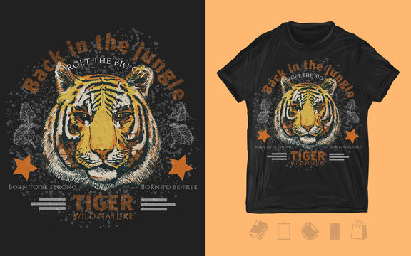 Tiger head. Back in the jungle print for t-shirts and another, trendy apparel design