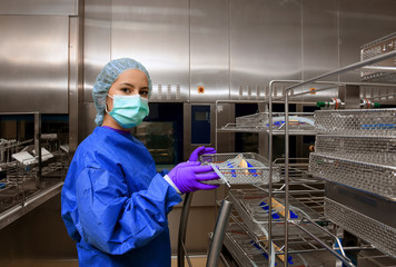 Fototapeta na wymiar A young woman works in a hospital as a medical hygiene technician. She is dressed in special medical hygiene clothing and carries out hygiene disinfecting and logistic tasks.