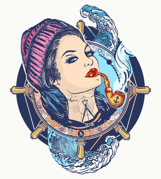 Woman sailor tattoo and t-shirt design. Pin-up style. Girl in the seaman's suit. Portrait of a sailor woman t-shirt design