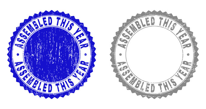 Grunge ASSEMBLED THIS YEAR stamp seals isolated on a white background. Rosette seals with grunge texture in blue and gray colors.