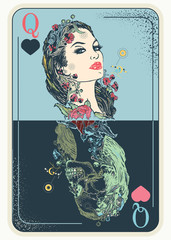 Queen playing card. Tattoo and t-shirt design. Gothic symbol of gamblings, tarot cards, success and defeat, casino, poker