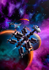 Space station under attack, a spaceship launching missiles against some structures with weapons, 3d illustration