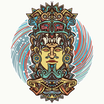 Mayan god. Tattoo and t-shirt design. Ancient aztec totem carved in stone
