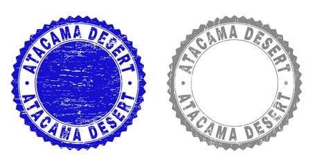 Grunge ATACAMA DESERT stamp seals isolated on a white background. Rosette seals with grunge texture in blue and grey colors. Vector rubber overlay of ATACAMA DESERT tag inside round rosette.
