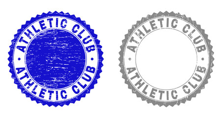 Grunge ATHLETIC CLUB stamp seals isolated on a white background. Rosette seals with grunge texture in blue and gray colors. Vector rubber imprint of ATHLETIC CLUB tag inside round rosette.