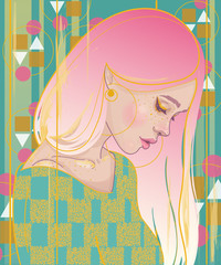  Vector of the profile of a beautiful girl with pink hair and gold earrings, gold paint and brushstrokes - 247619594