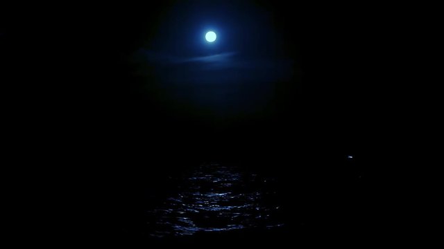 Night seascape, sea waves and moonlight, full moon at sea