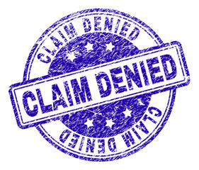 CLAIM DENIED stamp seal imprint with grunge texture. Designed with rounded rectangles and circles. Blue vector rubber print of CLAIM DENIED caption with grunge texture.