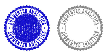 Grunge AUGMENTED ANALYTICS stamp seals isolated on a white background. Rosette seals with grunge texture in blue and grey colors.