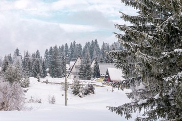 snow landscape of rural mountain village