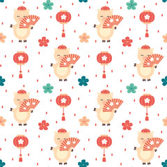 Cute cartoon vector chinese New year of the pig with pig character with fan and chinese lanterns seamless pattern background illustration