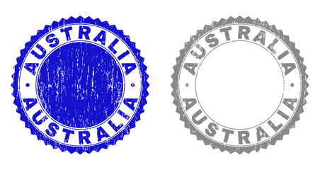 Grunge AUSTRALIA stamp seals isolated on a white background. Rosette seals with grunge texture in blue and grey colors. Vector rubber overlay of AUSTRALIA caption inside round rosette.