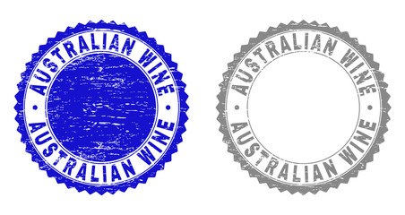 Grunge AUSTRALIAN WINE stamp seals isolated on a white background. Rosette seals with grunge texture in blue and grey colors. Vector rubber overlay of AUSTRALIAN WINE title inside round rosette.
