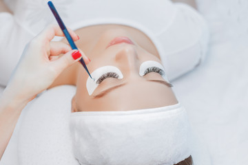 Naklejka premium Eyelash Extension Procedure. Close up view of beautiful Woman with Long Eyelashes. Stylist holding tweezers, tongs and making lengthening lashes for girl in a beauty salon. Beauty Concept.
